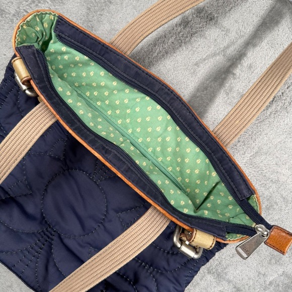 Fossil Quilted Tote Bag Navy Blue Leather Trim Floral Accent Key Charm - Picture 6 of 14